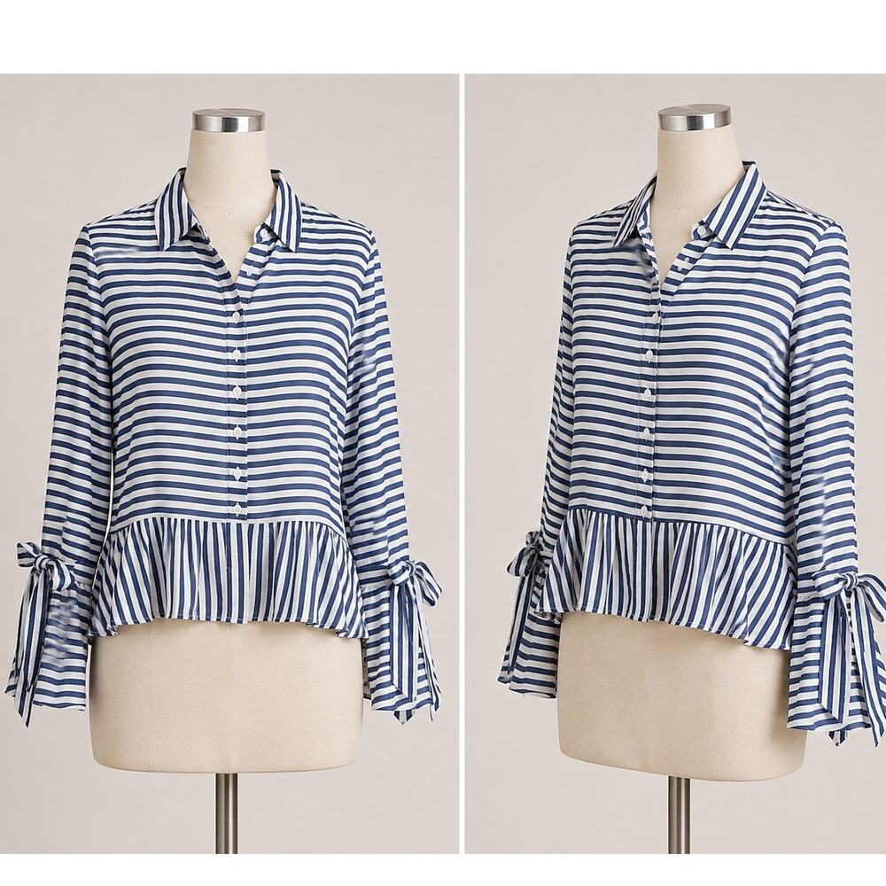 Artelier Blue and White Stripe Collar Button Down Bell Tie Sleeve Blouse XS